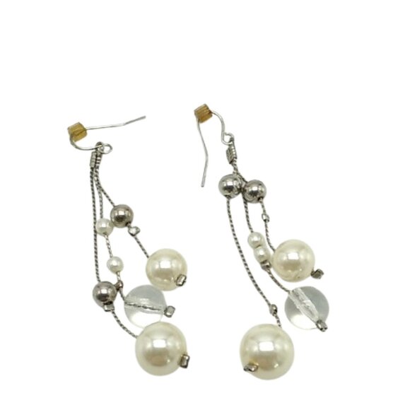 Faux Pearl Clear Bead Silver-tone Dangle Earrings - Picture 12 of 13